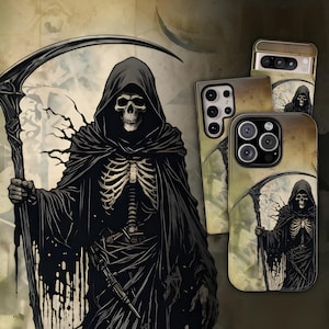 May include: Two phone cases featuring a black and white illustration of the Grim Reaper holding a scythe. The background is a faded, vintage-style parchment with a skull and crossbones design.