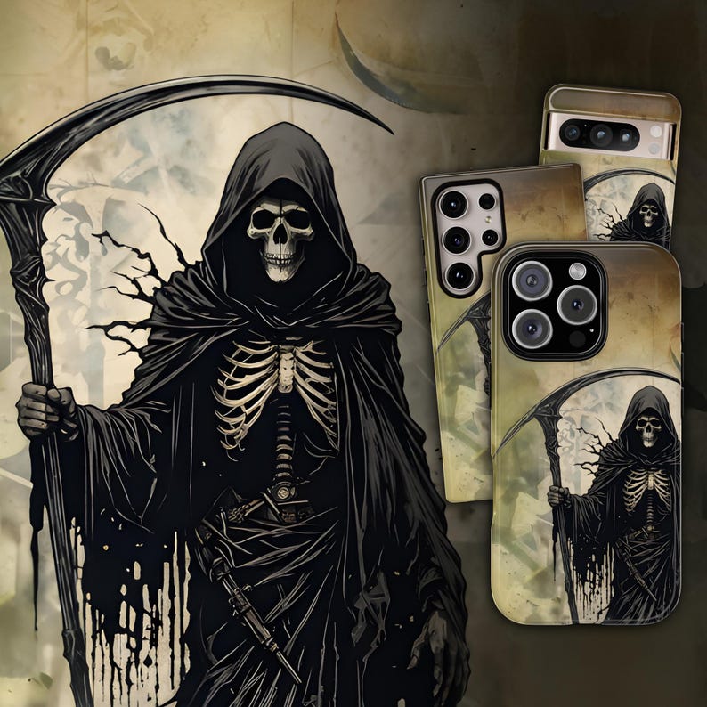 May include: Two phone cases featuring a black and white illustration of the Grim Reaper holding a scythe. The background is a faded, vintage-style parchment with a skull and crossbones design.