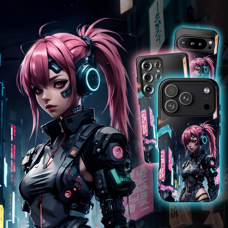 Etui na telefon z motywem anime Cyberpunk – japońska dziewczyna w mandze na iPhone'a 17 Air 16 Pro Max 15 14 13 12 11, Samsunga S25 Ultra S24 S23, Pixela 9 Pro 8 zdjęcie 1
