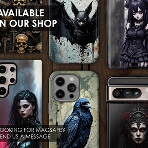 May include: A collection of phone cases featuring gothic and dark fantasy designs. The cases feature images of a bat, a woman in a black dress, a raven, and a woman with a crown of thorns. The text "AVAILABLE IN OUR SHOP" is visible at the top of the image.