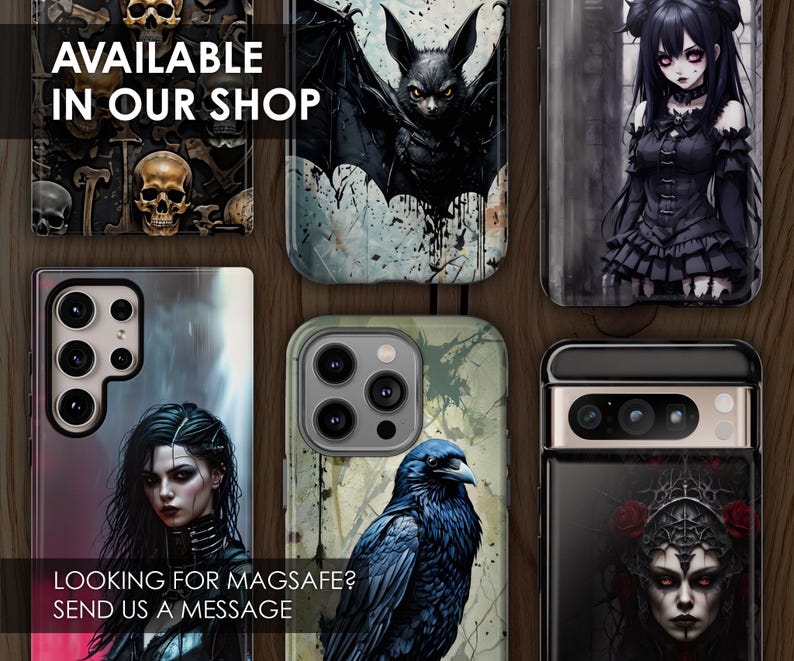 May include: A collection of phone cases featuring gothic and dark fantasy designs. The cases feature images of a bat, a woman in a black dress, a raven, and a woman with a crown of thorns. The text "AVAILABLE IN OUR SHOP" is visible at the top of the image.