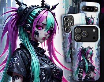 Etui na telefon z motywem anime Cyberpunk – japońska grafika Cybergoth Girl na iPhone'a 17 Air 16 Pro Max 15 14 13, Samsunga S25 Ultra S24 S23, Pixela 9 Pro