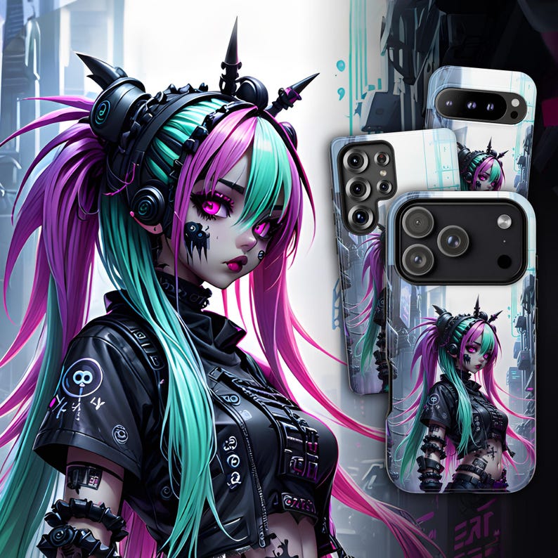Cyberpunk Anime Phone Case - Cybergoth Girl Japanese Art Cover for iPhone 17 Air 16 Pro Max 15 14 13, Samsung S25 Ultra S24 S23, Pixel 9 Pro image 1