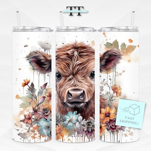 Personalized Baby Highland Cow Tumbler with Name, Custom Cute Watercolor Flowers Highland Cow Cup Gift, Highland Cow Birthday Present