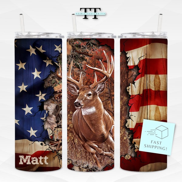 Personalized Custom Deer with Flag Tumbler with Name includes lid and straw, Christmas Gift for Him, Custom Birthday Deer Gift, Flag Cup