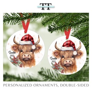 Personalized Highland Cow with Christmas Santa Hat Ornament, Custom Highland Cow Keepsake, Highland Cow 2023 Christmas Ornament Gift