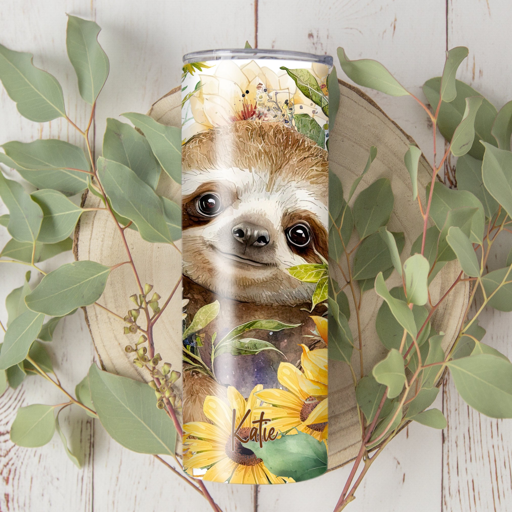 Personalized Cute Sloth With Flowers Tumbler With Name, Custom Sloth ...