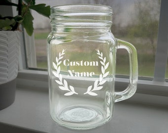 Personalized Mason Jar Cup – Etched Glass Wedding, Birthday, or Housewarming Gift