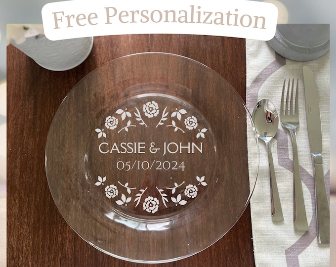 Personalized Wedding Plate – Custom Name Etched Glass Gift, Bridal Shower & Engagement Party Décor, 10.5" for Head Table
