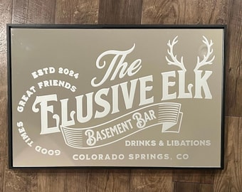 Custom Etched Glass Bar Mirror – Personalized Name Sign for Man Cave or Garage Gift