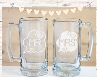 Etched Glass Beer Mug Set – 16oz Wedding & Anniversary Gift, Engagement Mugs (Set of 2)