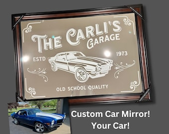 Custom Etched Glass Bar Mirror – Personalized Garage or Basement Decor for Car Enthusiasts (20x28)