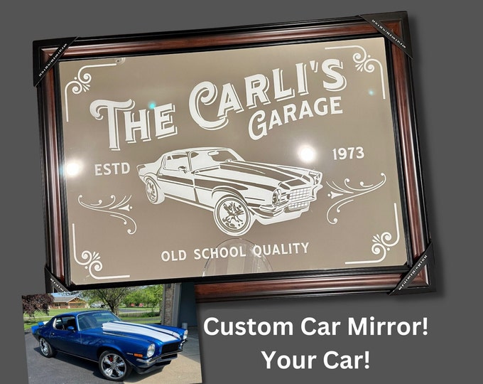 Custom Etched Glass Bar Mirror – Personalized Garage or Basement Decor for Car Enthusiasts (20x28)