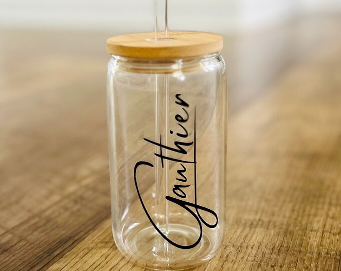 Personalized Glass Tumbler with Wooden Lid & Straw – Custom Named Drinkware