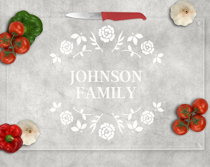 Personalized Etched Glass Cutting Board – Custom Engraved Kitchen Gift for Housewarming or Weddings (2 Sizes, Design Options)