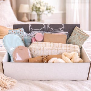Travel Gift Box
✔ Silk eye mask – soft and lightweight for comfortable rest
✔ Sunglasses holder – compact protective pouch
✔ 2 pairs cozy socks – soft knit comfort for travel days
✔ Passport cover & luggage tag – stylish and functional
✔ Set of 3 scrunchies – neutral colors for everyday wear
✔ TSA travel bottle set – leakproof with clear travel bag
✔ Travel pouch – perfect for makeup or small essentials
✔ Drawstring shoe bag – keeps shoes separate in luggage
✔ Stickers