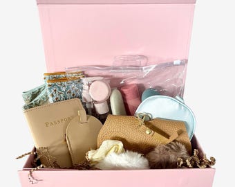 Personalized Travel Gift Box with Passport Cover – Pink or Brown – Perfect for Plane, Cruise, Road Trip & Destination Weddings