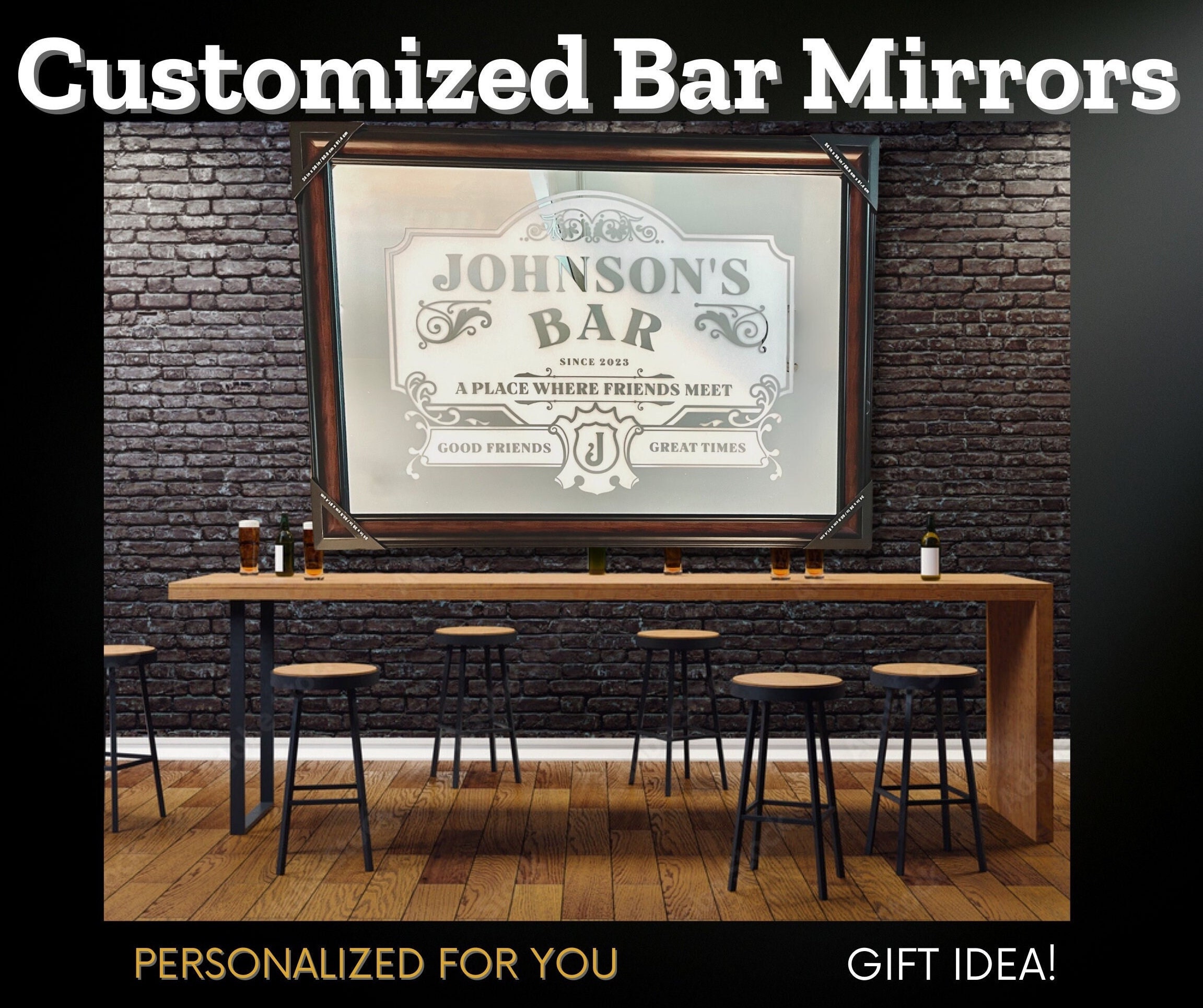 Custom Bar Mirror Etched Glass Framed Personalized Bar Mirror Your Name