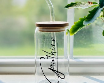 Personalized Glass Cup with Straw & Bamboo Lid