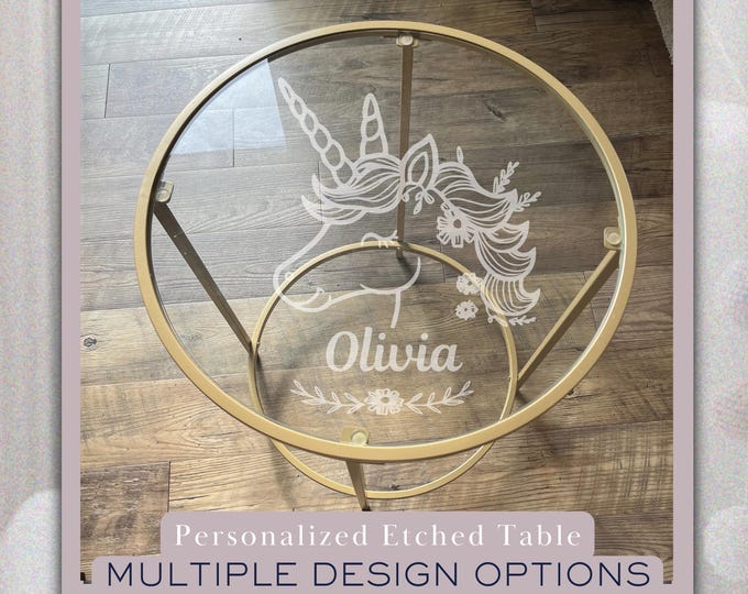 Personalized Etched Glass Side Table – Custom Nursery -Kids' Room Decor with Monogram & Themed Designs