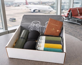 Travel Essentials Gift Box, Passport Holder, TSA Toiletry Kit, Eye Mask, Shoe Bag