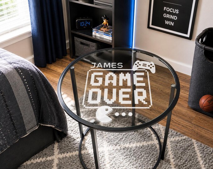Custom Etched Glass Side Table: Black Steel Frame, Personalized Gift
