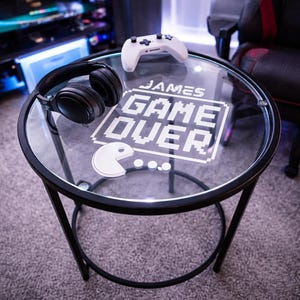 Personalized Gamer Side Table – Etched Glass Gaming Nightstand