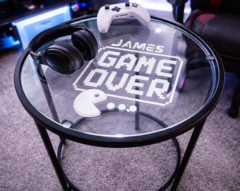 Personalized Gamer Side Table – Etched Glass Gaming Nightstand