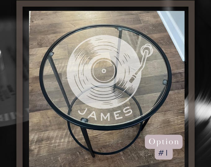 Personalized Etched Glass Vinyl Record Table – Custom Music & Game Room Decor for Den, Playroom, or Basement