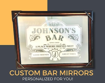 Personalized Etched Glass Bar Mirror – Custom Name Sign for Man Cave or Garage (20x28)
