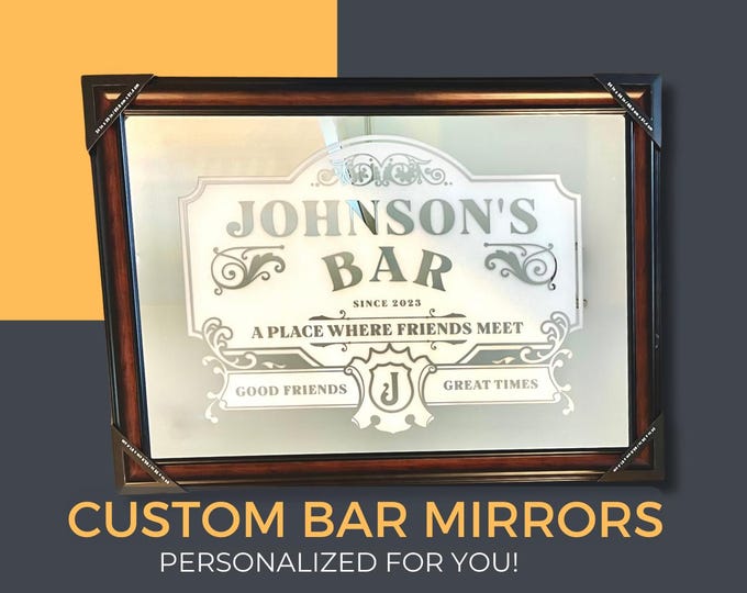 Personalized Etched Glass Bar Mirror – Custom Name Sign for Man Cave or Garage (20x28)