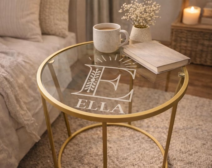 Custom Etched Glass Side Table, Personalized Nursery Decor