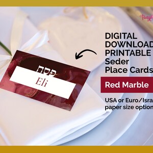 Printable Editable | DIY Gorgeous Red Gold Wine Marble Pesach Passover Place Cards, Pesach Place Cards, Decorations for the Passover Seder