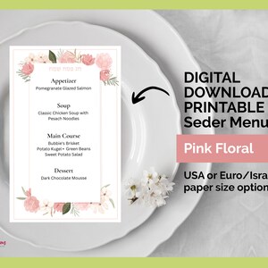 Printable | Editable | DIY Lovely Pink Floral Watercolor Pesach Menu, Passover Menu, DIY Seder Menu, Decorations for the Passover Seder