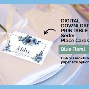 Printable | Editable | DIY Stunning Blue Floral Pesach Place Cards, Passover Place Cards, Name Cards, Decorations for Passover Seder