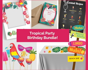 May include: Tropical party birthday bundle with a photo booth, limbo, hula, and beach bar signs. The bundle also includes a printable invitation, cocktail recipes, photo booth props, and a table runner with tropical leaves and flowers.