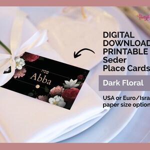 Printable | Editable | DIY Stunning Black Floral Pesach Place Cards, PassoverPlace Cards, Name Cards, Decorations for Passover Seder