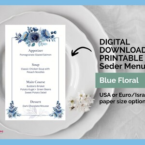 Printable Editable | DIY Beautiful Blue Floral Watercolor Pesach Passover Menu Cards, DIY Seder Menu, Decorations for the Passover Seder