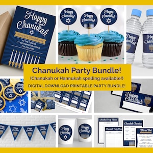 Gorgeous Chanukah Hanukkah DIY Printable Party Decoration Bundle - includes EDITABLE invitation