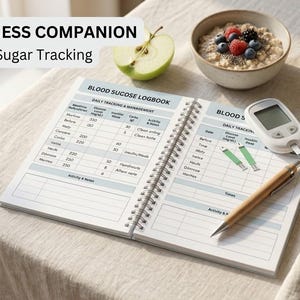 Puede incluir: Un diario de registro de glucosa con encuadernación en espiral, páginas blancas, encabezados azules y tablas impresas para el seguimiento diario. El texto dice DAILY WELLNESS COMPANION Simplify Blood Sugar Tracking. Un glucómetro blanco y un bolígrafo dorado descansan sobre las páginas.