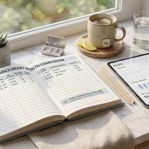 Könnte beinhalten: Ein aufgeschlagenes Logbuch mit dem Titel MY DAILY HEART HEALTH COMPANION mit Spalten für Datum, Uhrzeit, Blutdruck, Puls und Symptome. Daneben liegen ein Tablet mit Gesundheitsdaten, ein Stethoskop, eine Sukkulente, eine Teetasse und ein Glas Wasser.