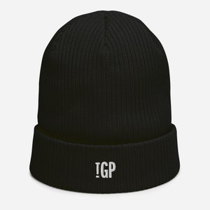 Peut inclure: Un bonnet en tricot côtelé noir avec un revers rabattable et un logo brodé blanc qui dit "!GP".