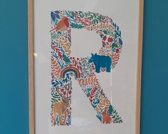 Hand Painted Alphabet Letter Art: Personalized Animal & Plant Illustration