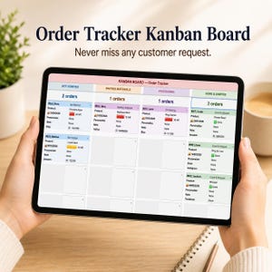 May include: A tablet displaying an order tracker Kanban board with the text "Order Tracker Kanban Board" and "Never miss any customer request." The board is divided into columns: Not Started, Waiting Materials, Processing, and Done & Shipped.