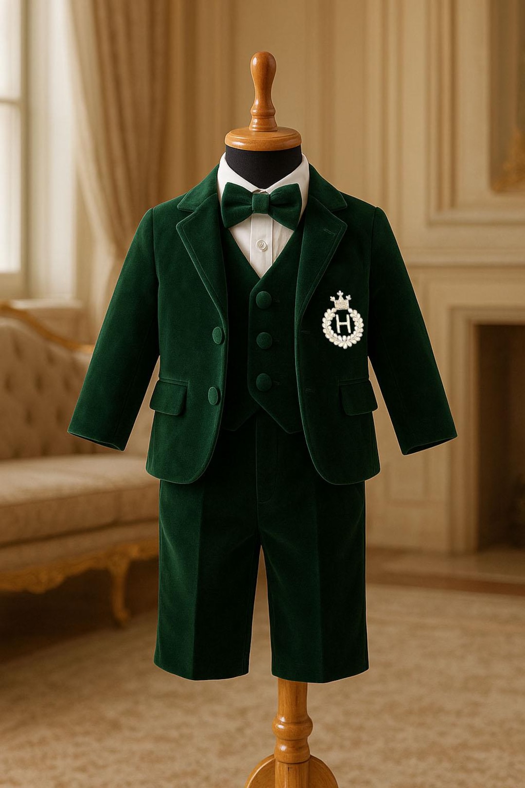 Baby Boy Green Velvet Suit 5 Piece Embroidered Toddler Birthday — free download