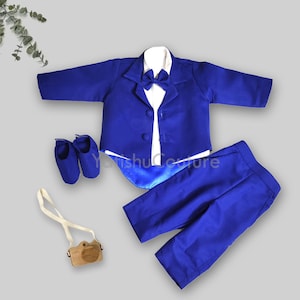 Baby Boy Suit, Boy Ring Bearer Suit, 5-Piece Royal Blue Tailcoat Suit for Wedding, Birthday Outfit, kids tailcoat (Jacket, pants, bow tie)