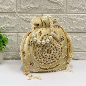 Golden Velvet Potli Bag: Indian Embroidery, Pearl Handle