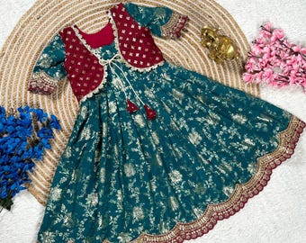 Indian Dress for kids | Girls Traditional Ethnic Heavy Silk Gown with Jacket, Festival Dress