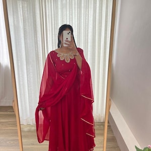 Red Georgette Gown, Anarkali Partywear Salwar Suit, Indian Wedding Suit with Dupatta, Long Party Dress, Festival Ready to wear, Festival