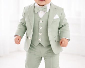 Terno de 3 peças verde-sálvia para meninos | Smoking sob medida para casamento, traje para pajem